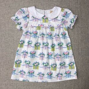 The Beaufort Bonnet Company White Dress with Pink, Blue and Green Gift Print